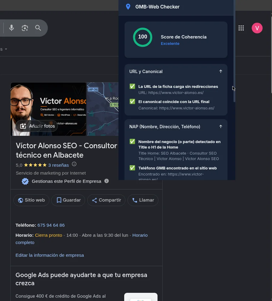 Captura de pantalla de la extensión GMB-Web Checker analizando una ficha SEO local en Google